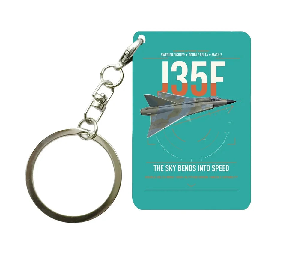 Saab J 35F Draken design on turquoise designed key chain, double-side print