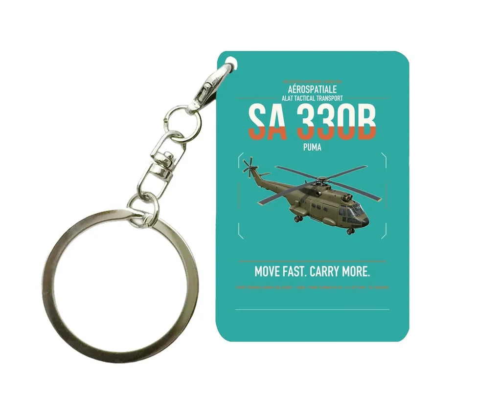 Aérospatiale SA 330B Puma design on turquoise designed key chain, double-side print