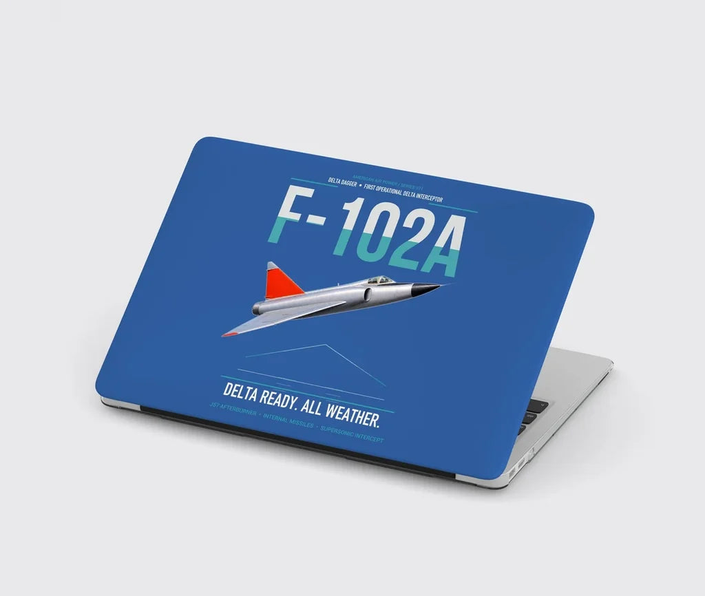 F-102A Delta Dagger design on blue MacBook case