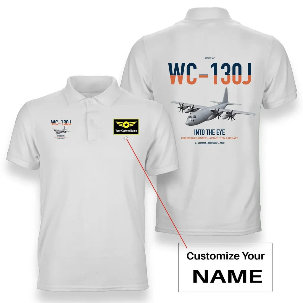 WC-130J Hurricane Hunter design on white+name double-side polo t-shirt, double-side print