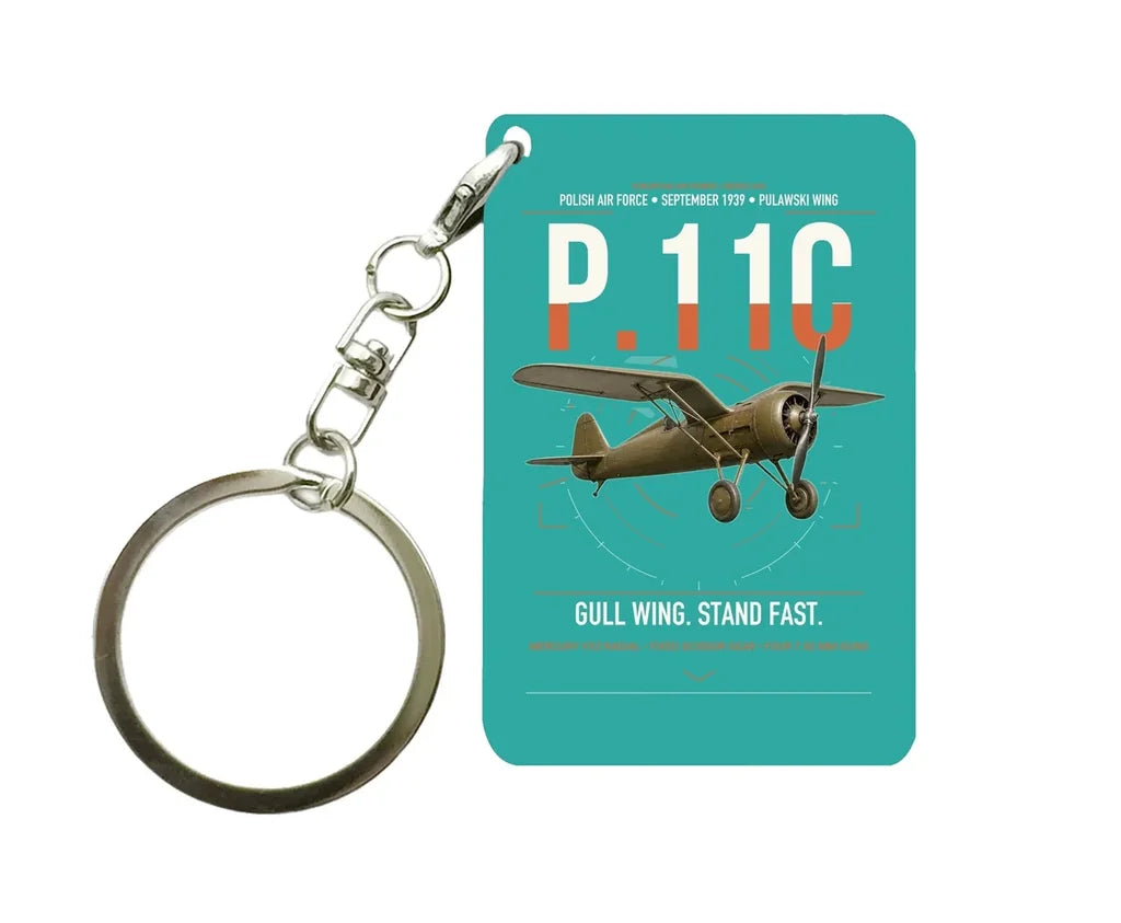 PZL P.11c design on turquoise designed key chain, double-side print