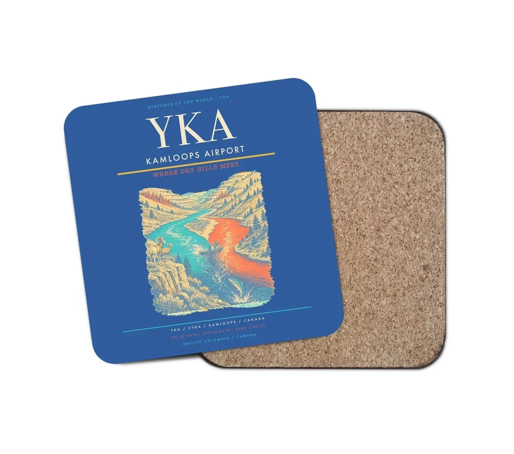 Kamloops Airport (YKA) design on blue 1 piece coaster