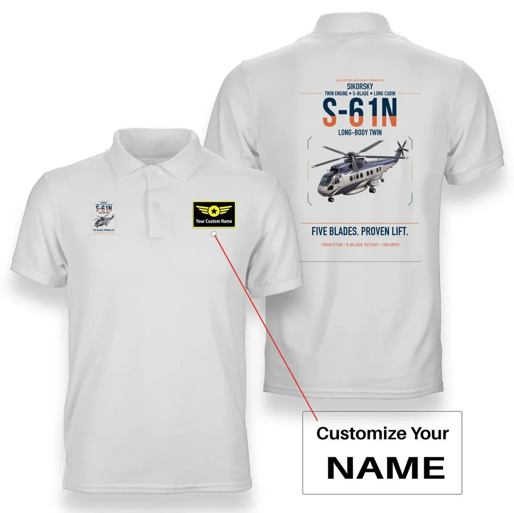 Sikorsky S-61N design on white+name double-side polo t-shirt, double-side print
