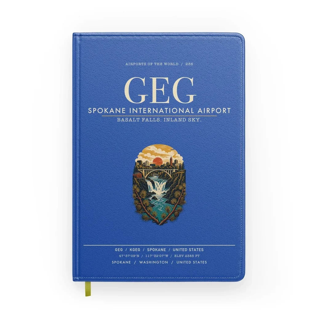 Spokane International Airport (GEG) design on blue notebook