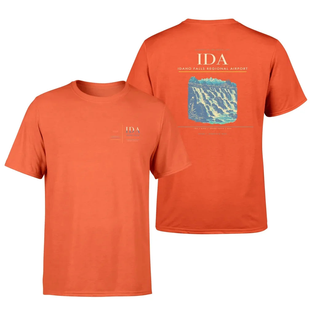 Idaho Falls Regional Airport (IDA) design printed on orange double-side t-shirt