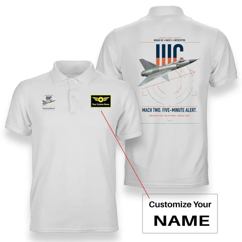 Dassault Mirage IIIC design on white+name double-side polo t-shirt, double-side print