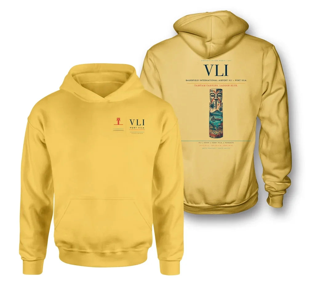 Bauerfield International Airport (VLI) design on yellow double-side hoodie