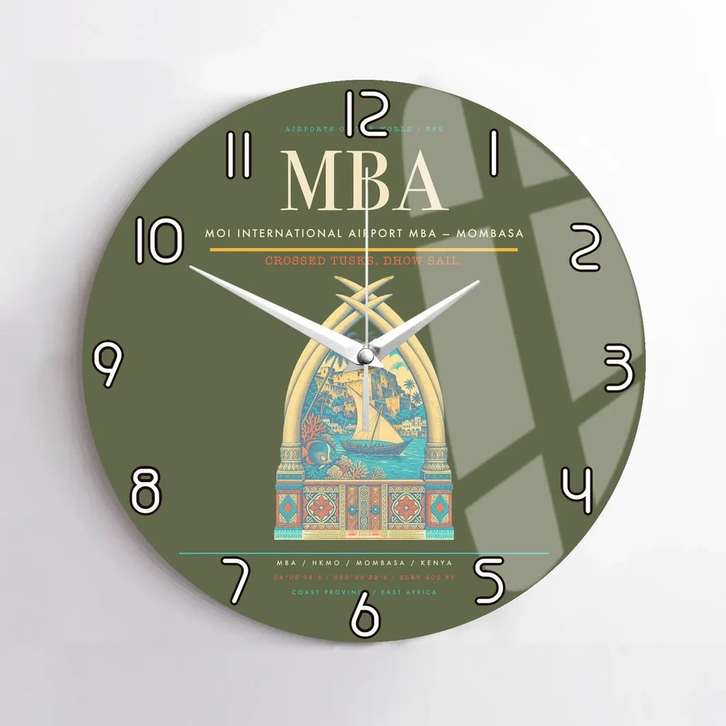Moi International Airport (MBA) design on green army no frame wall clock