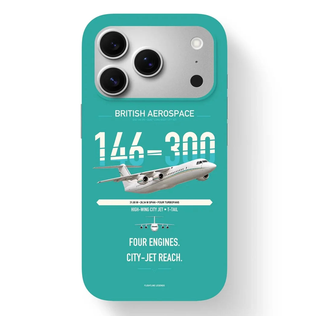 BAe 146-300 design on turquoise magsafe iphone case, for iPhone 17 Pro
