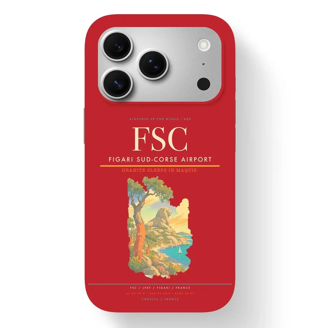 Figari Airport (FSC) design on red iPhone 17 Pro MagSafe case
