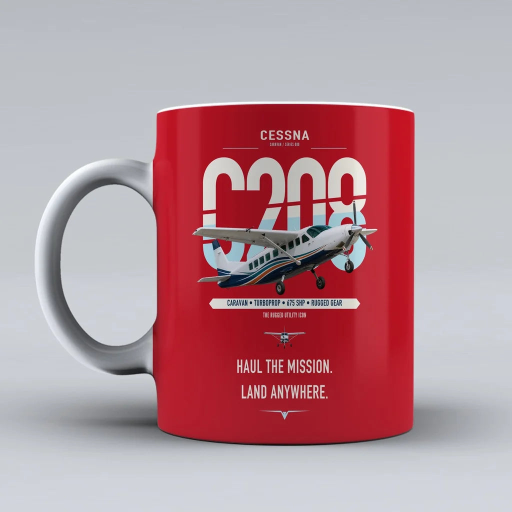 Cessna 208 Caravan design on red ceramic mug, double-side print