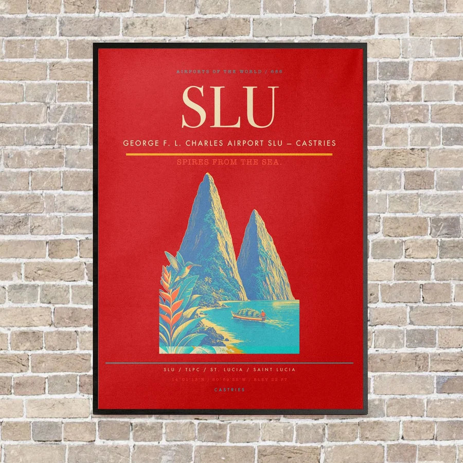 George F. L. Charles Airport SLU — Castries vertical canvas print - framed - red background