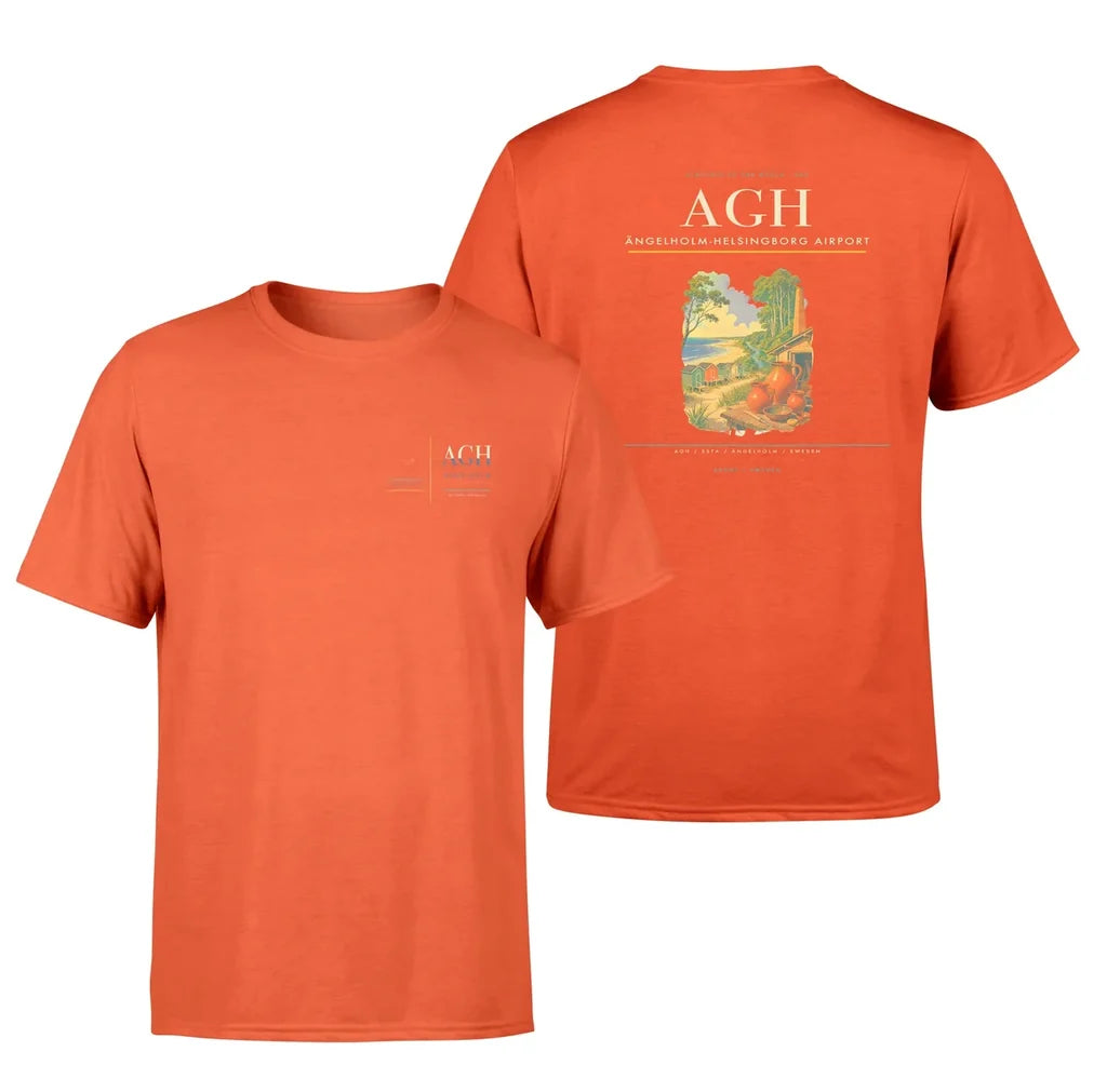 Ängelholm-Helsingborg Airport (AGH) design printed on orange double-side t-shirt