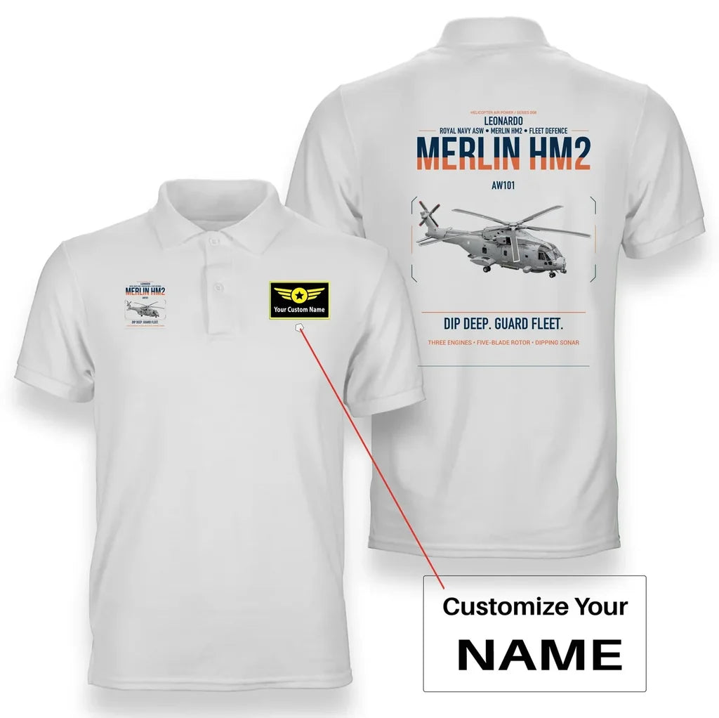 Leonardo AW101 Merlin HM2 design on white+name double-side polo t-shirt, double-side print