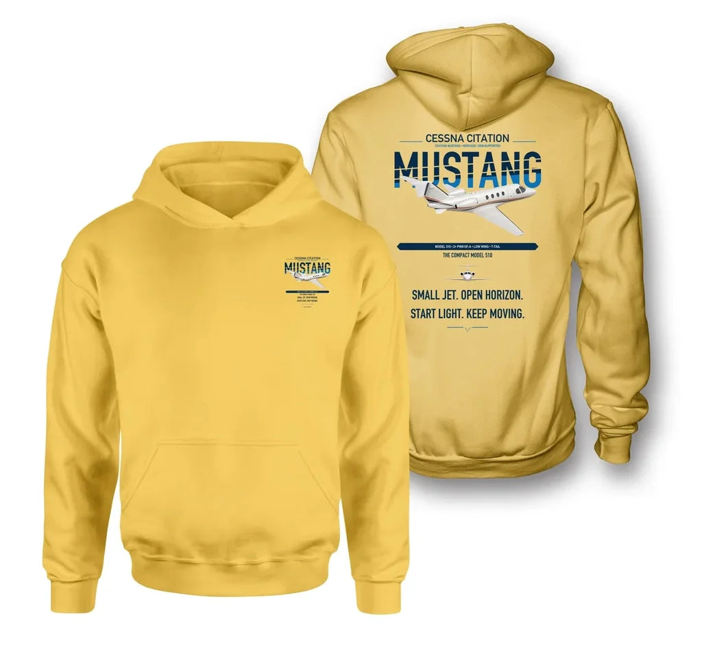 Cessna Citation Mustang design on yellow double-side hoodie, double-side print