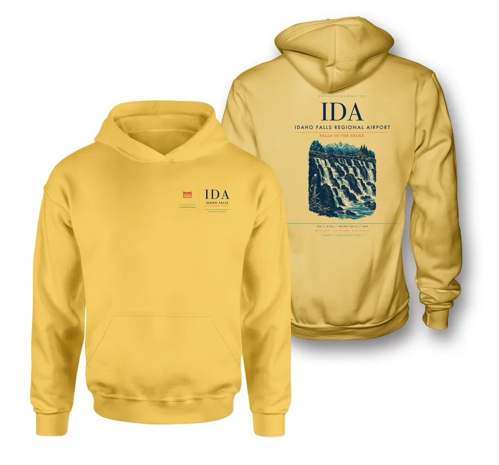 Idaho Falls Regional Airport (IDA) design on yellow double-side hoodie