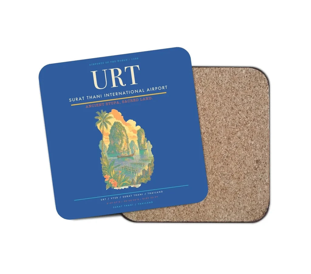 Surat Thani International Airport (URT) design on blue 1 piece coaster