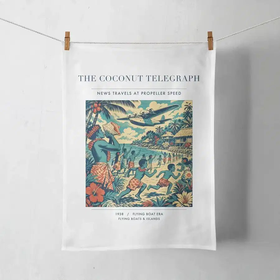 VINTAGE G4402 - The Coconut Telegraph - Designed Towels design on white