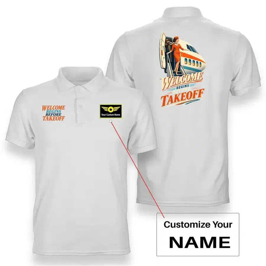 SIGNAL 667 - Welcome Begins Before Takeoff - Double-Side Polo design on white double side polo with custom name badge