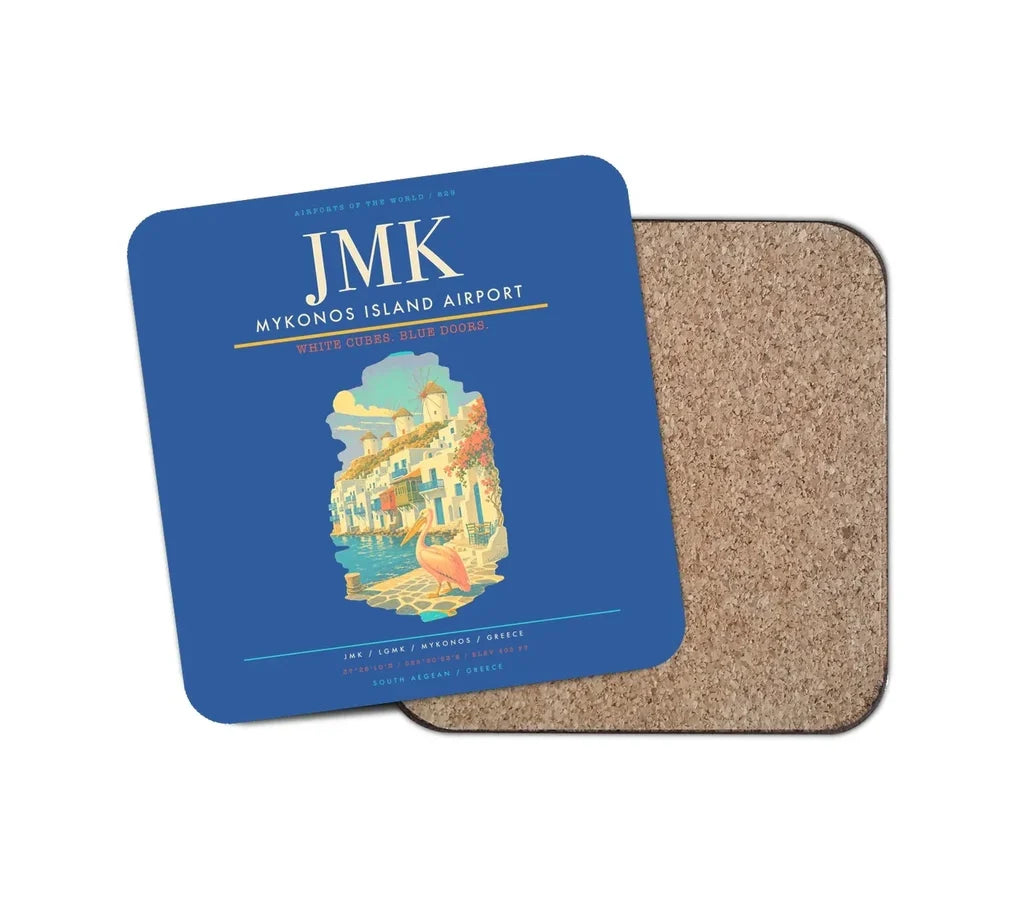 Mykonos Island Airport (JMK) design on blue 1 piece coaster