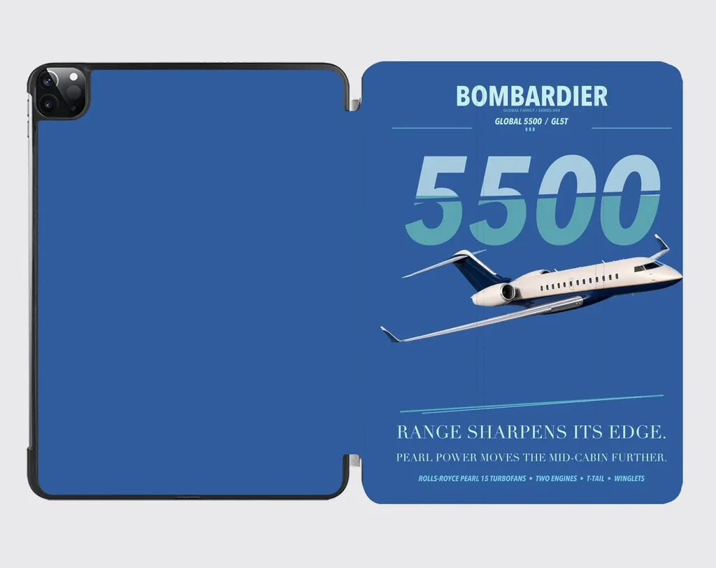 Bombardier Global 5500 design on blue ipad tablet case