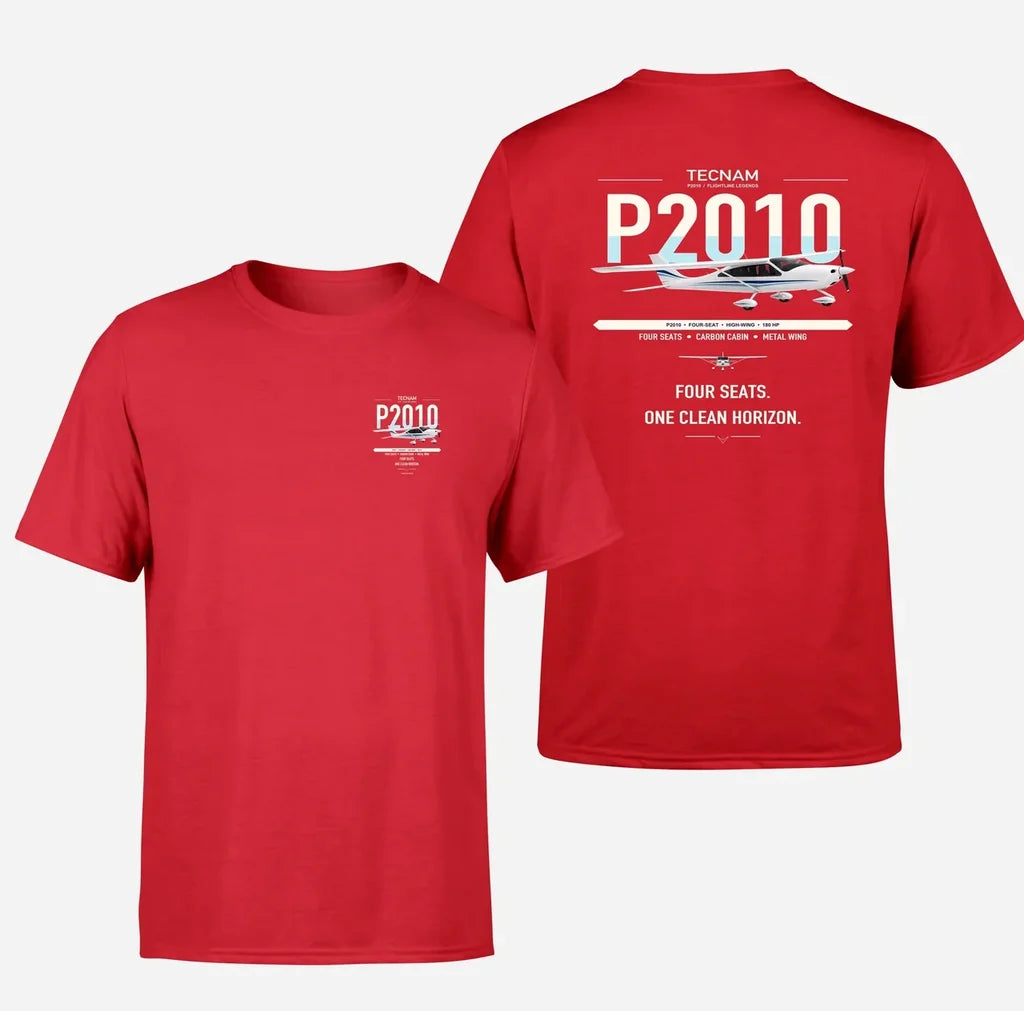 Tecnam P2010 design on red t-shirt, double-side print