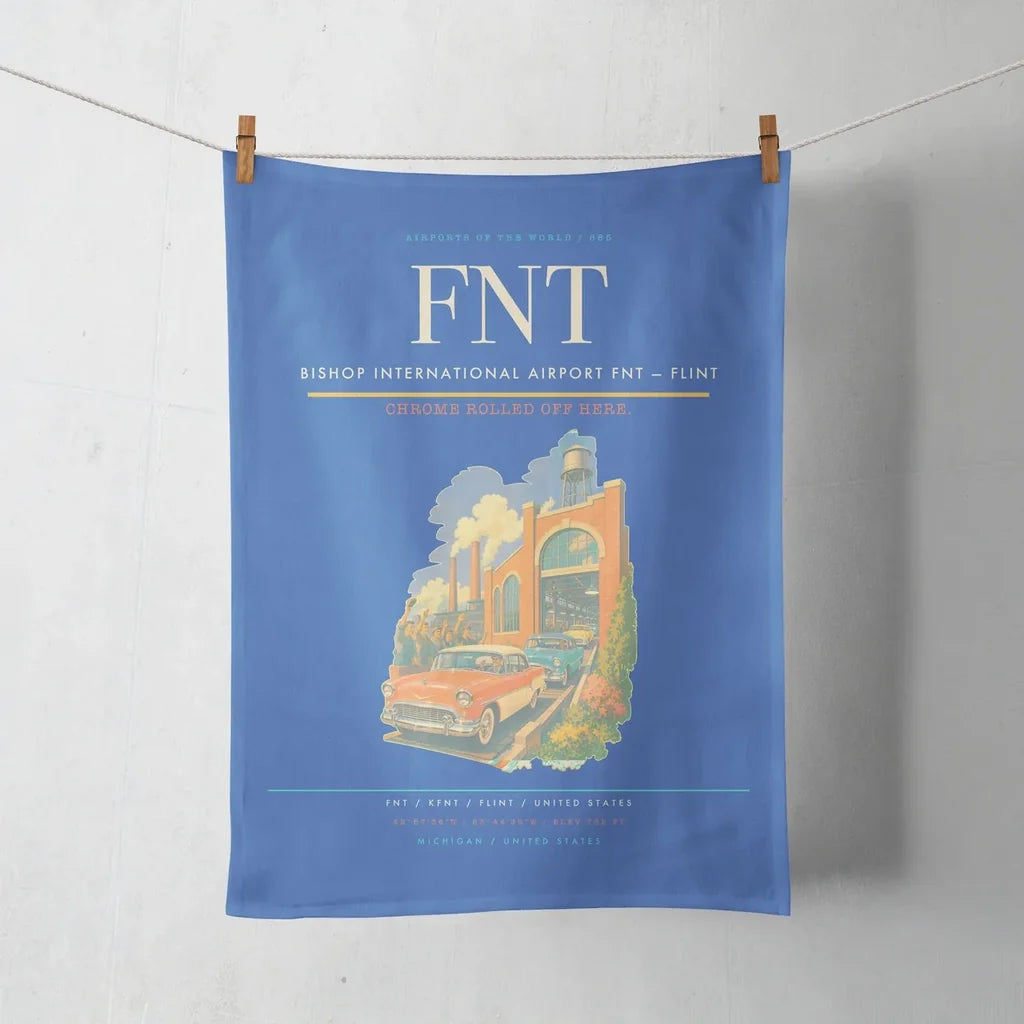 Bishop International Airport (FNT) design on blue towel