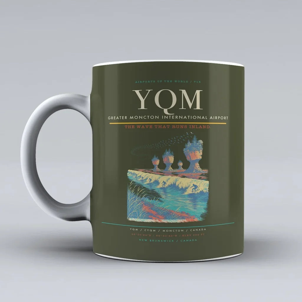 Greater Moncton International Airport (YQM) airport code design on green army ceramic mug