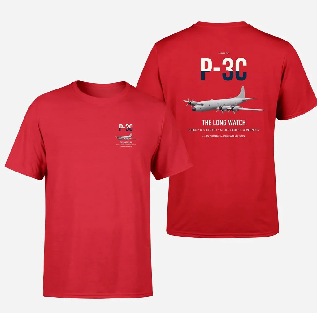 P-3C Orion design on red double-side t-shirt, double-side print