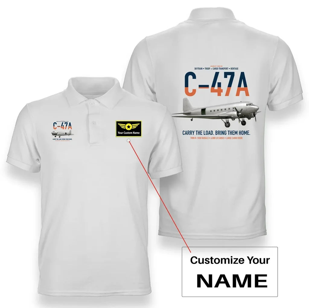 C-47A Skytrain design on white+name double-side polo t-shirt, double-side print