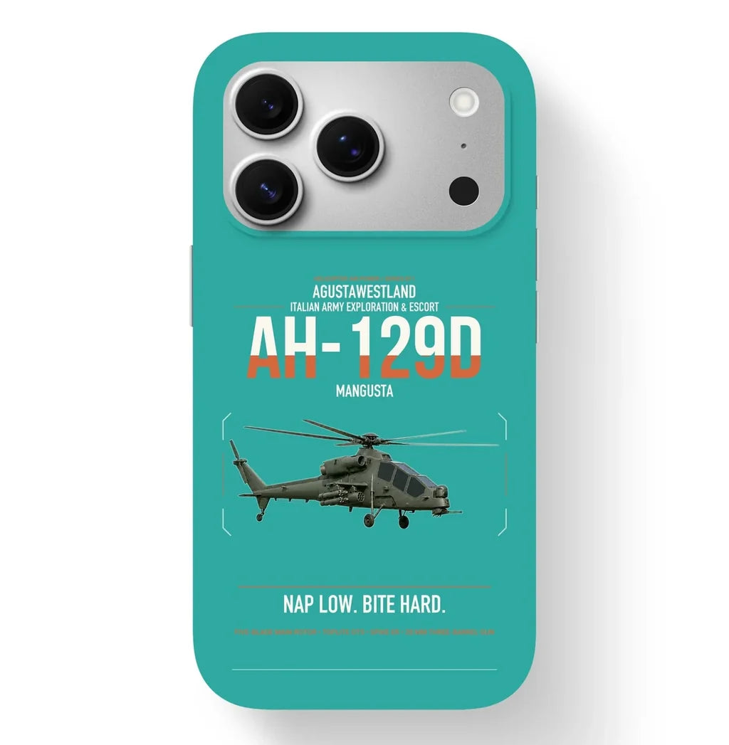 AgustaWestland AH-129D Mangusta design on turquoise magsafe iphone case, for iPhone 17 Pro