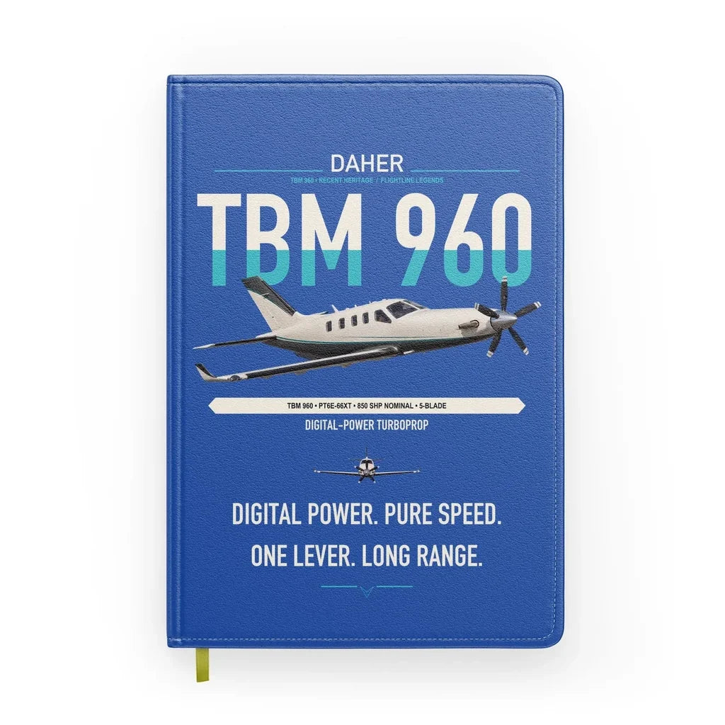 Daher TBM 960 design on blue notebook