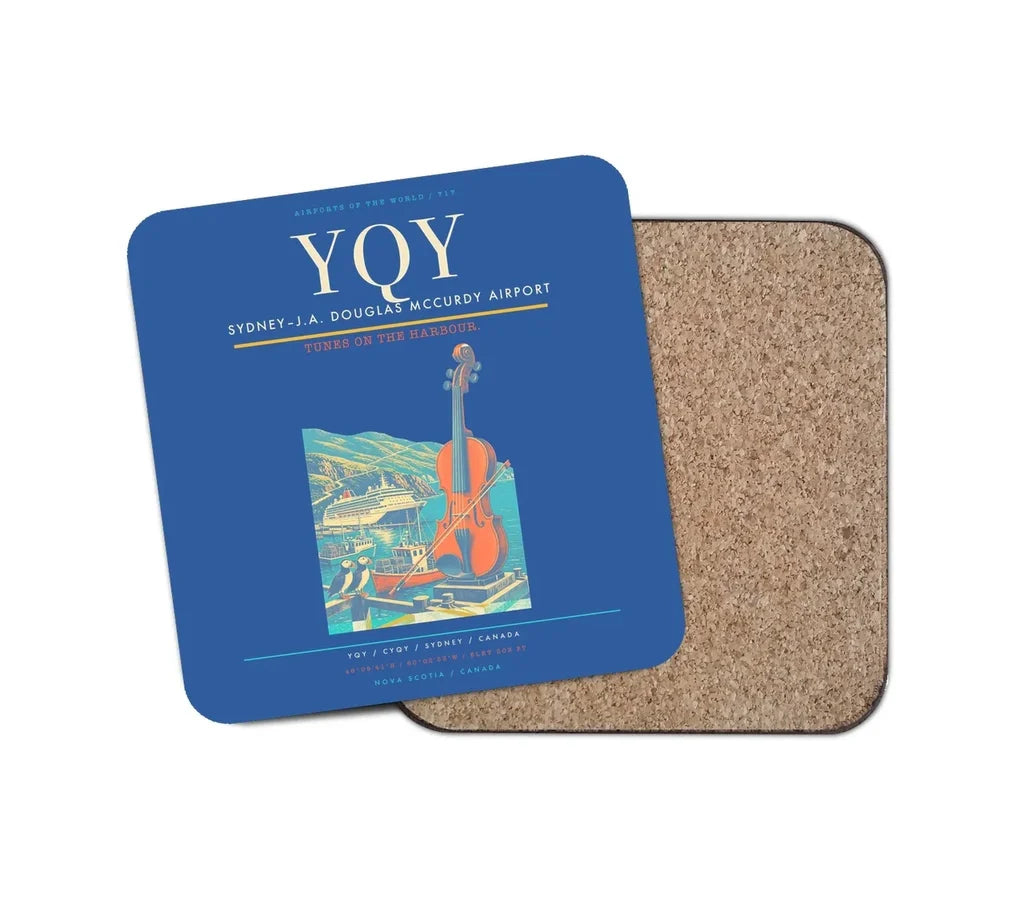 Sydney–J.A. Douglas McCurdy Airport (YQY) design on blue 1 piece coaster