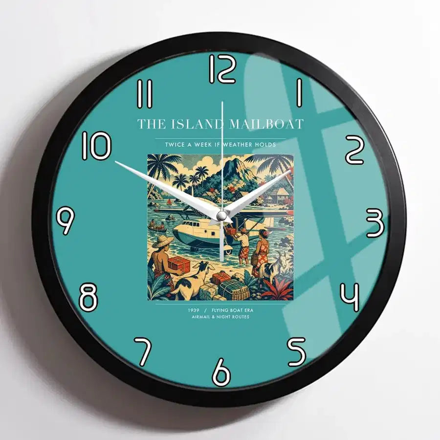 VINTAGE G4065 - The Island Mailboat - Designed Wall Clocks design on turquoise framed