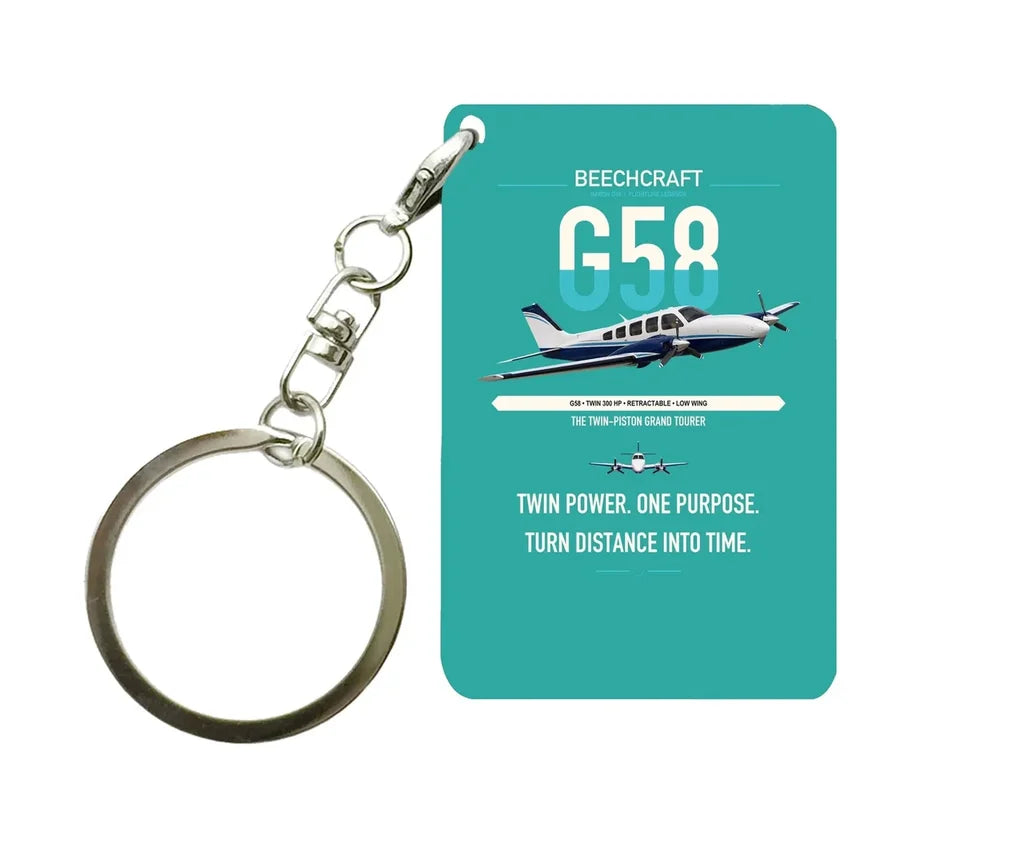 Beechcraft Baron G58 design on turquoise designed key chain, double-side print