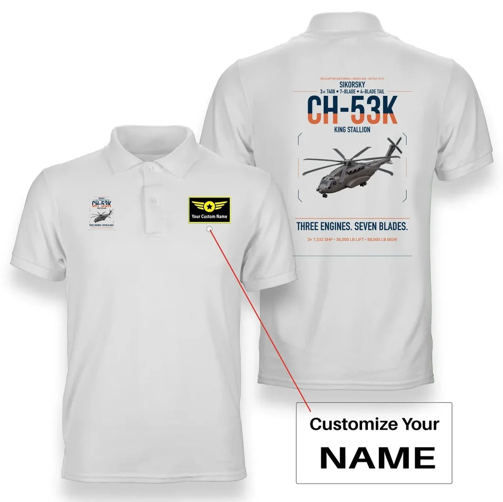 Sikorsky CH-53K King Stallion design on white+name double-side polo t-shirt, double-side print