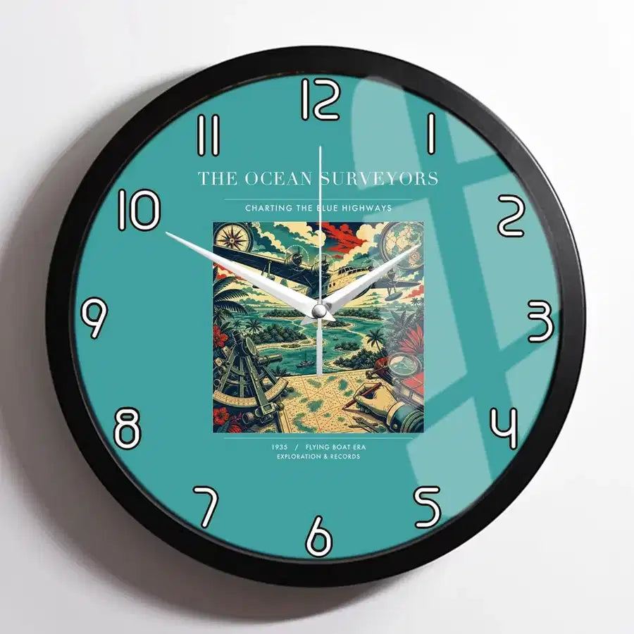 VINTAGE G4064 - The Ocean Surveyors - Designed Wall Clocks design on turquoise framed