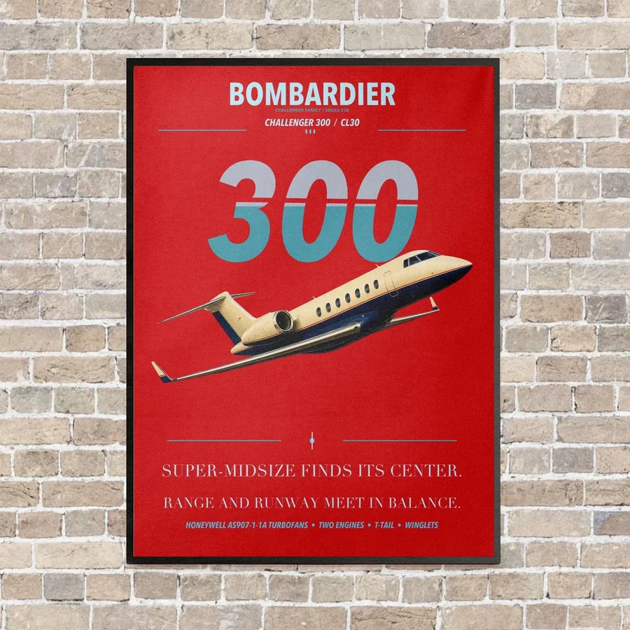 Bombardier Challenger 300 vertical canvas print - framed - red background