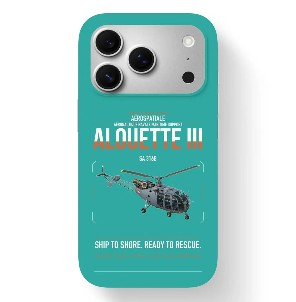Aérospatiale SA 316B Alouette III design on turquoise magsafe iphone case, for iPhone 17 Pro