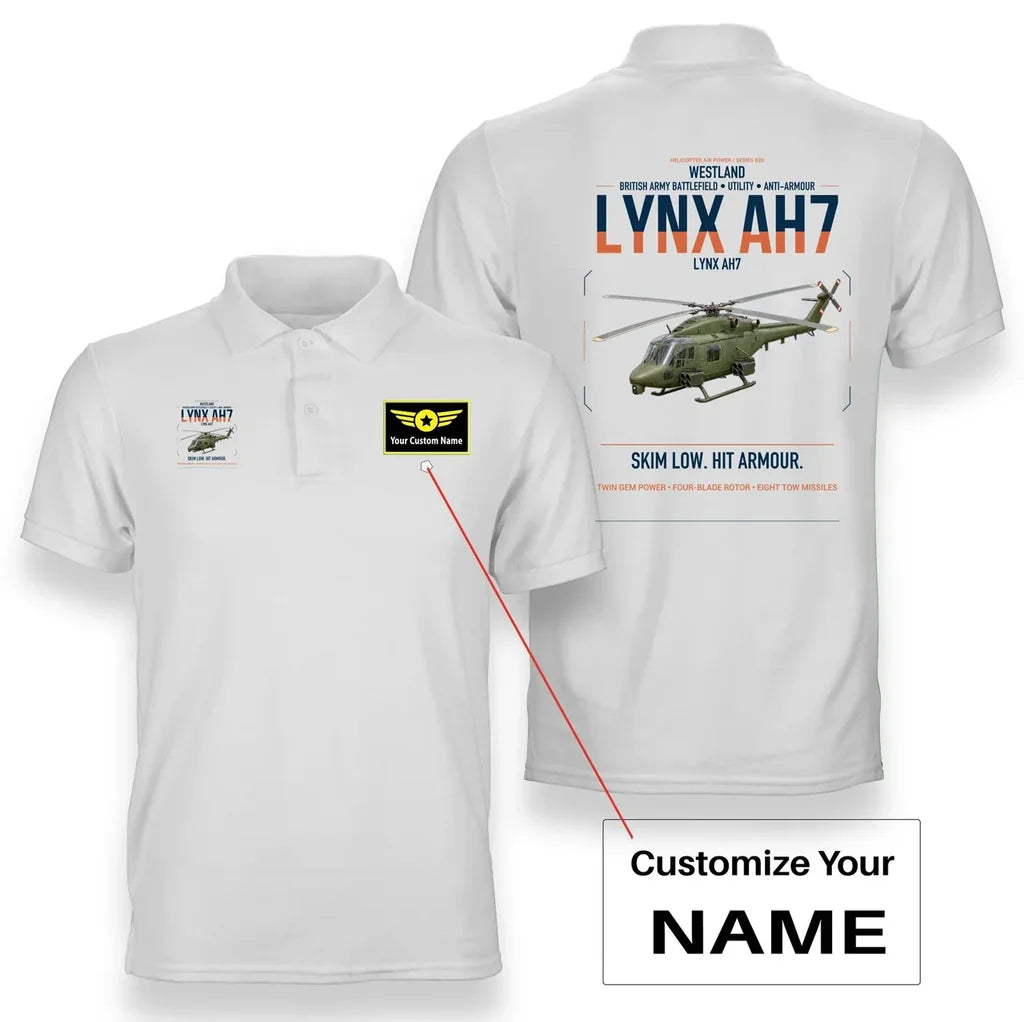 Westland Lynx AH7 design on white+name double-side polo t-shirt, double-side print