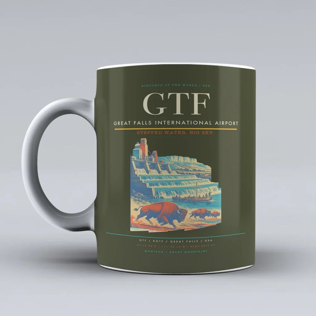 Great Falls International Airport (GTF) airport code design on green army ceramic mug