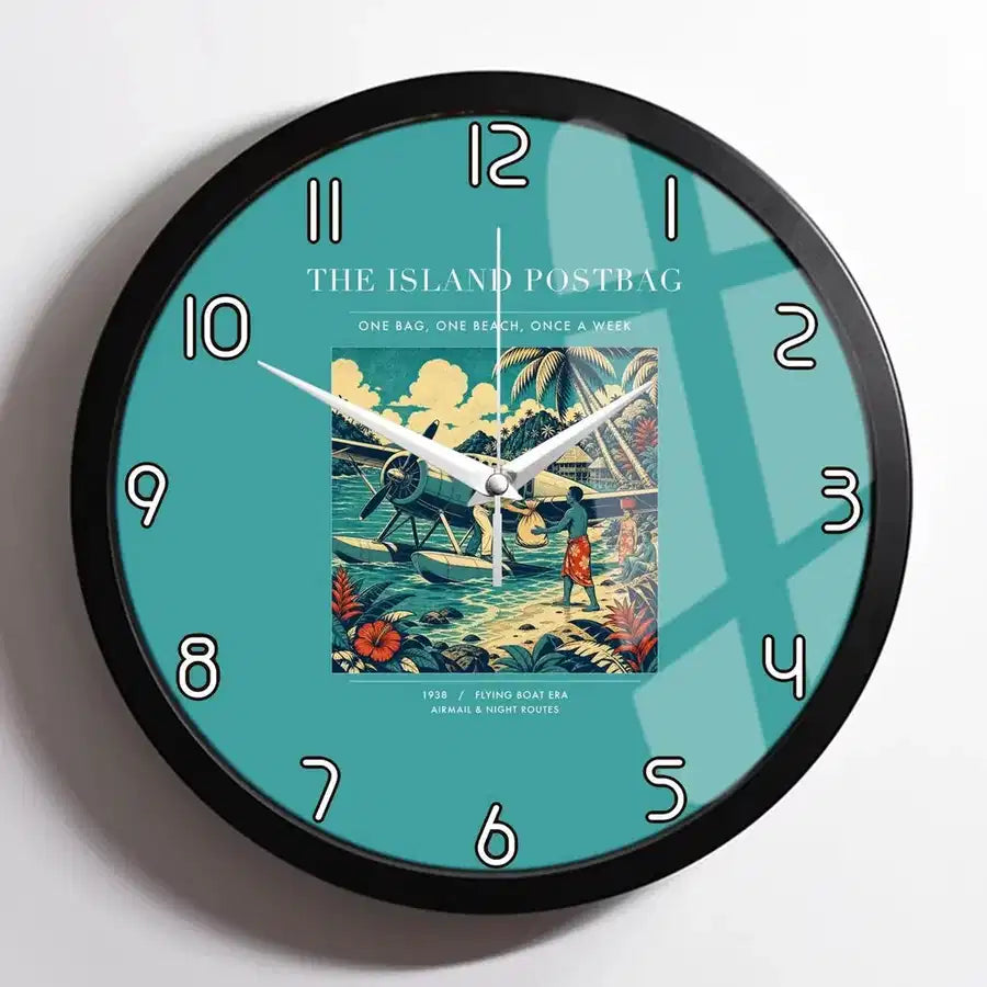 VINTAGE G4154 - The Island Postbag - Designed Wall Clocks design on turquoise framed