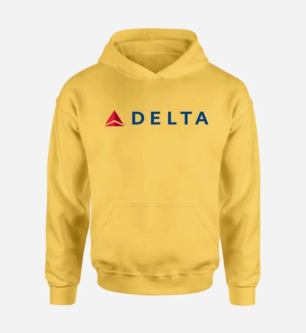 Delta Air Lines logo printed on yellow hoodie