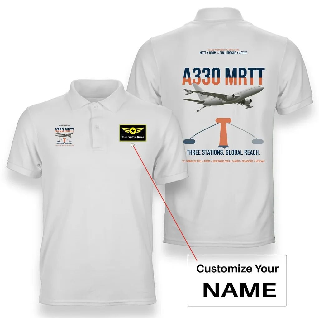Airbus A330 MRTT design on white+name double-side polo t-shirt, double-side print