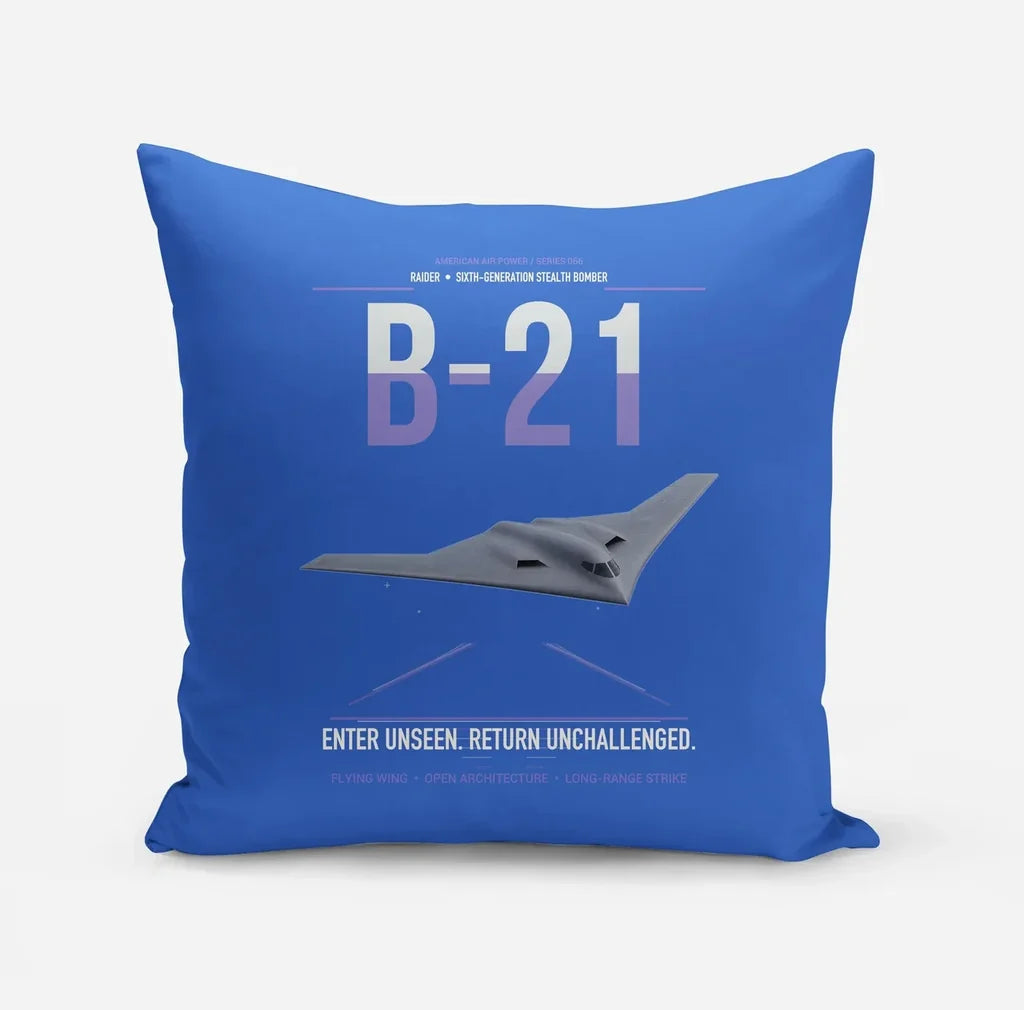 B-21 Raider design on blue pillow
