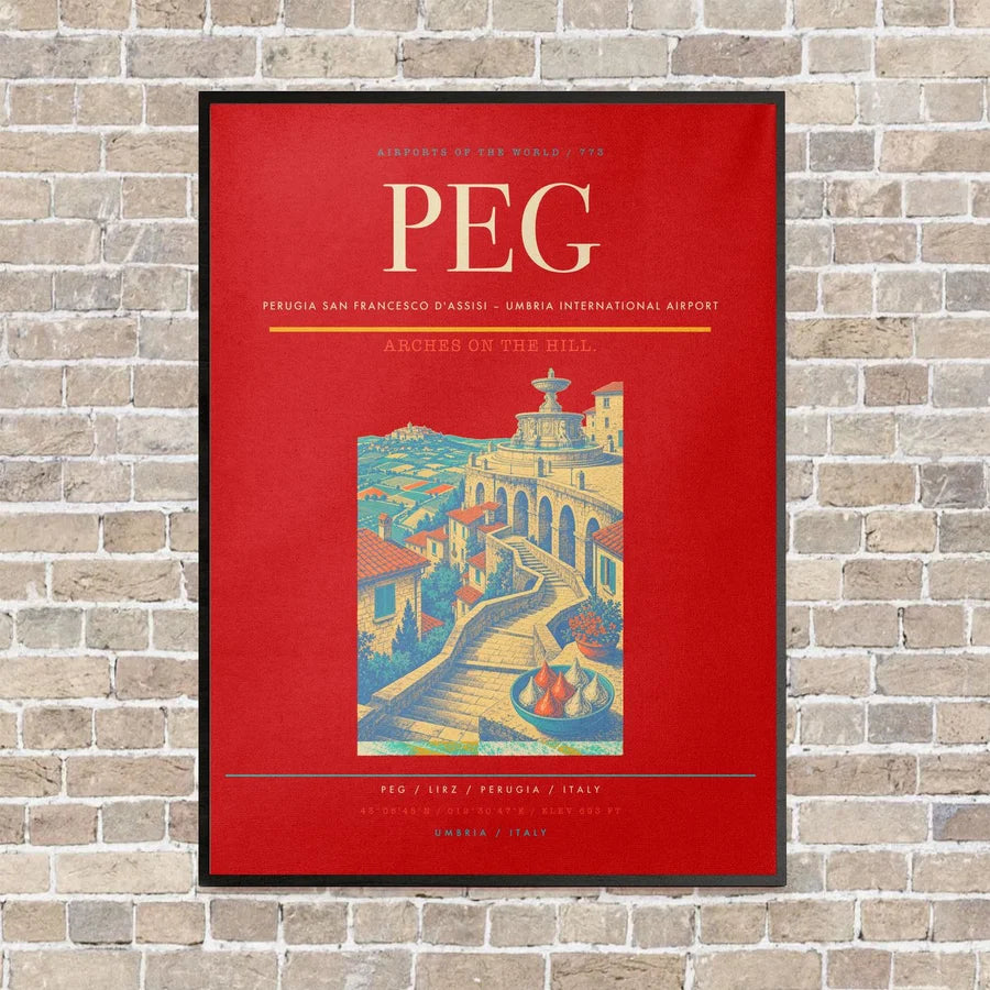 Perugia San Francesco d'Assisi – Umbria International Airport PEG vertical canvas print - framed - red background