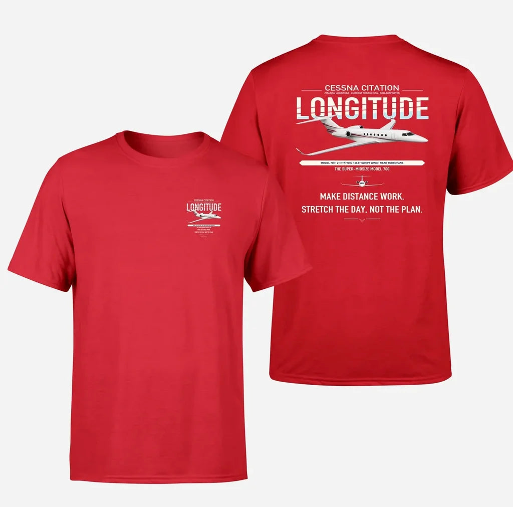Cessna Citation Longitude design on red double-side t-shirt, double-side print