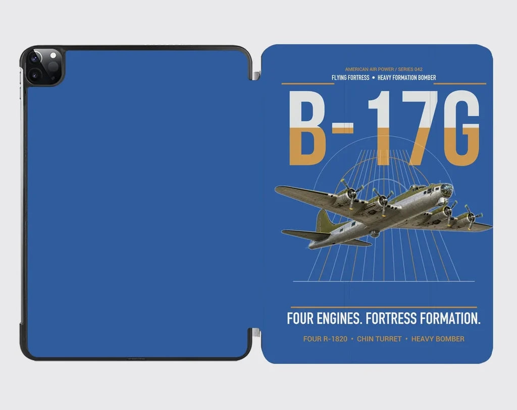 B-17G Flying Fortress design on blue ipad tablet case