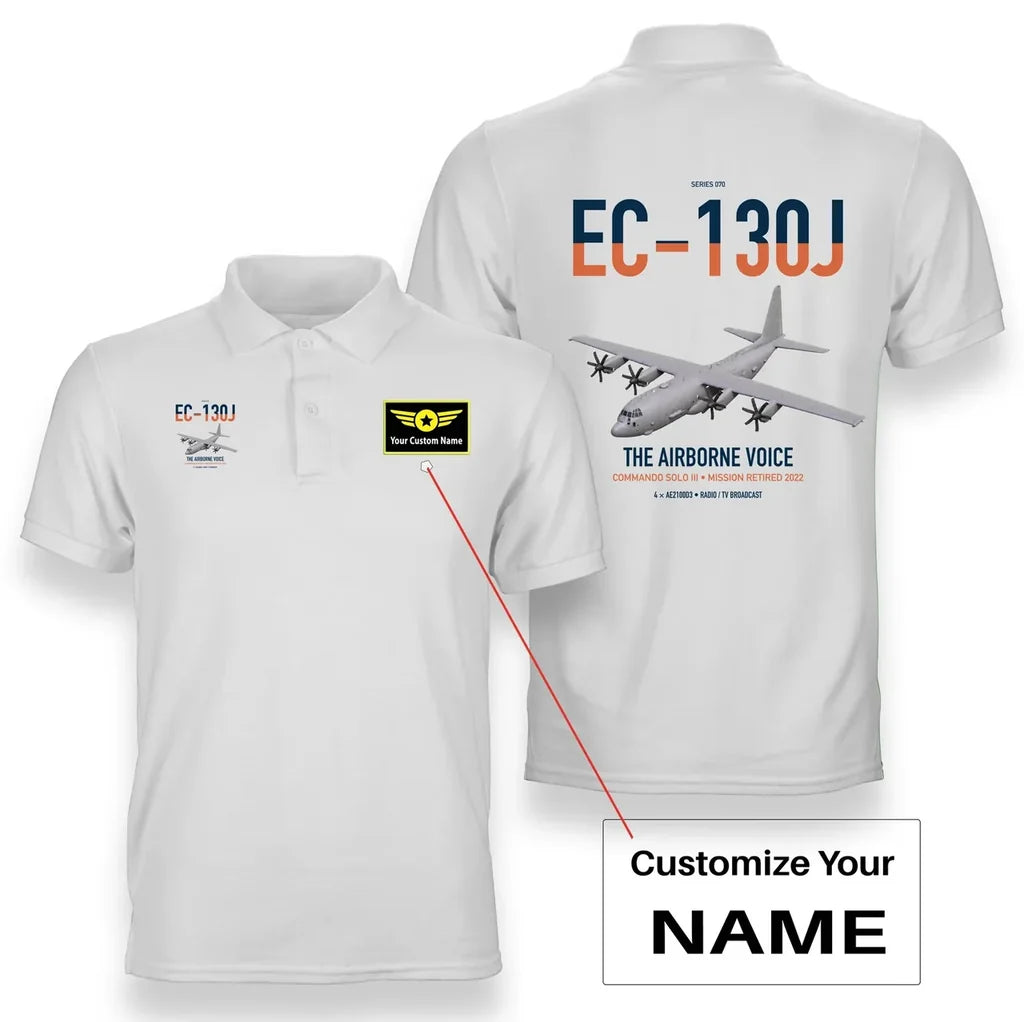 EC-130J Commando Solo III design on white+name double-side polo t-shirt, double-side print