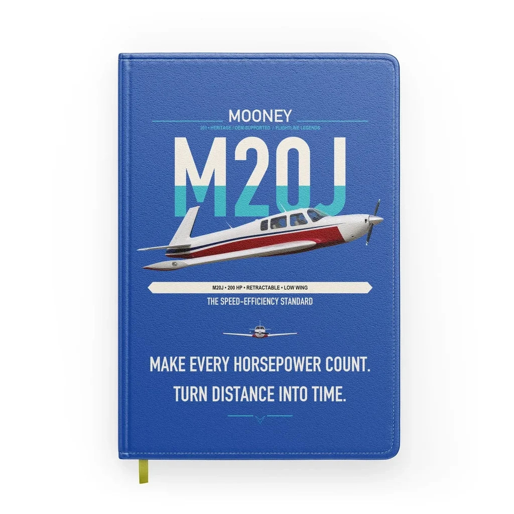 Mooney M20J 201 design on blue notebook